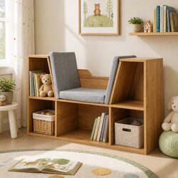 Kids Toy Box Bookcase Storage Organiser Shelf with Seat Cushion Brown