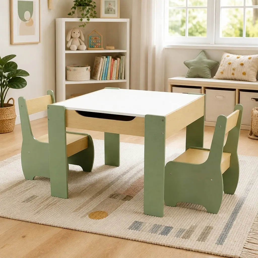 Kids Table and Chairs Set 3-in-1 Chalkboard Desk Storage Learning Dining