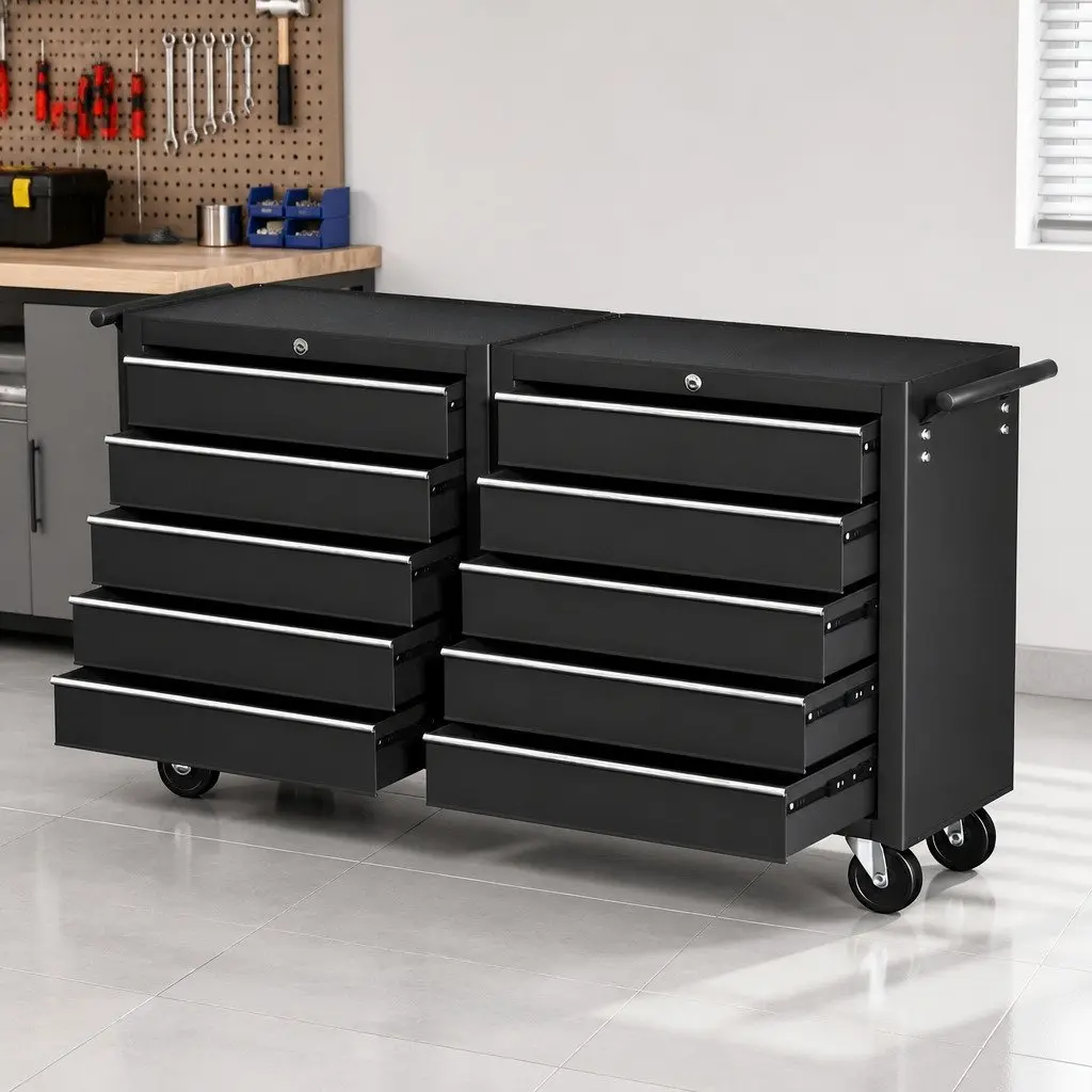 Tool Chest Trolley 10 Drawers Storage Cabinet Organizer Black Steel