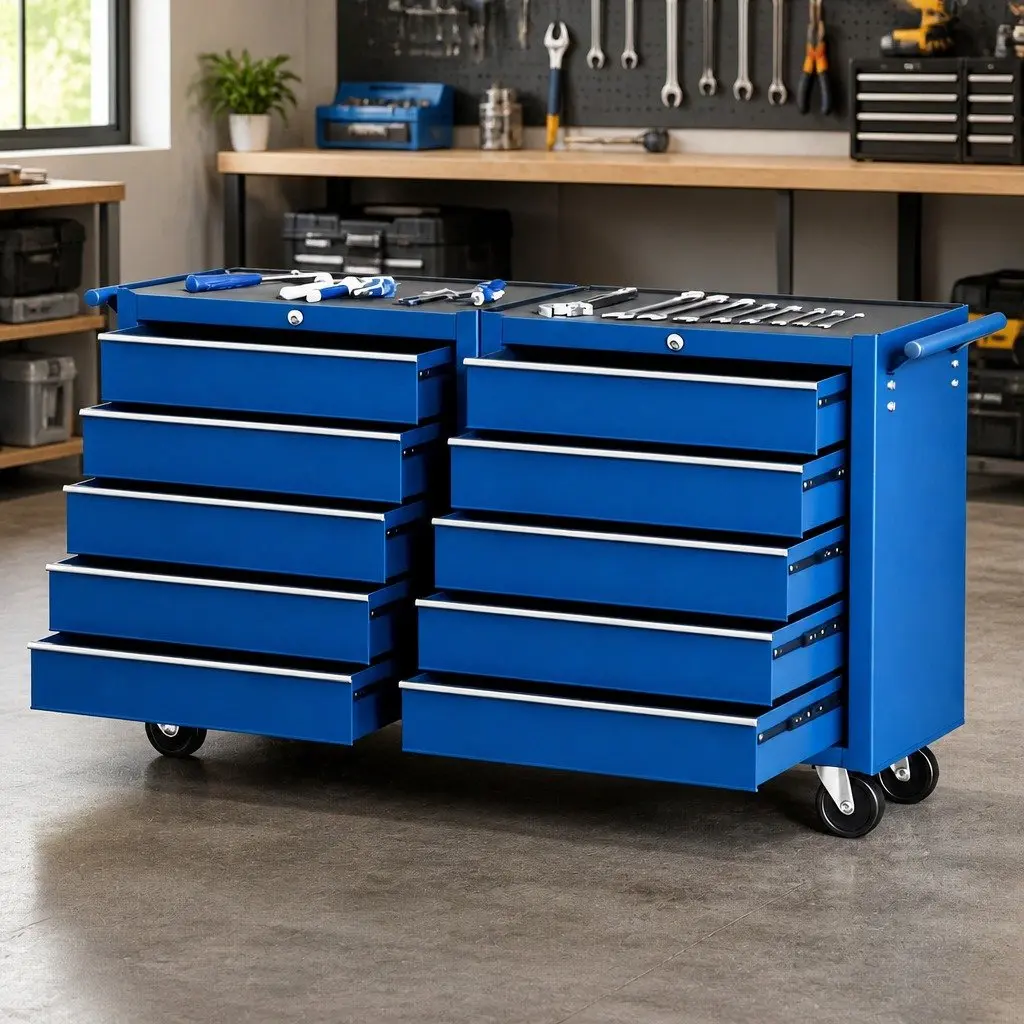 Tool Chest Trolley 10 Drawers Heavy-Duty Storage Cabinet Steel Blue