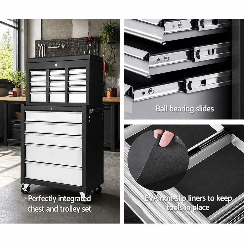 Tool Cabinet Chest Storage Trolley 14 Drawers Mobile Steel Black Grey