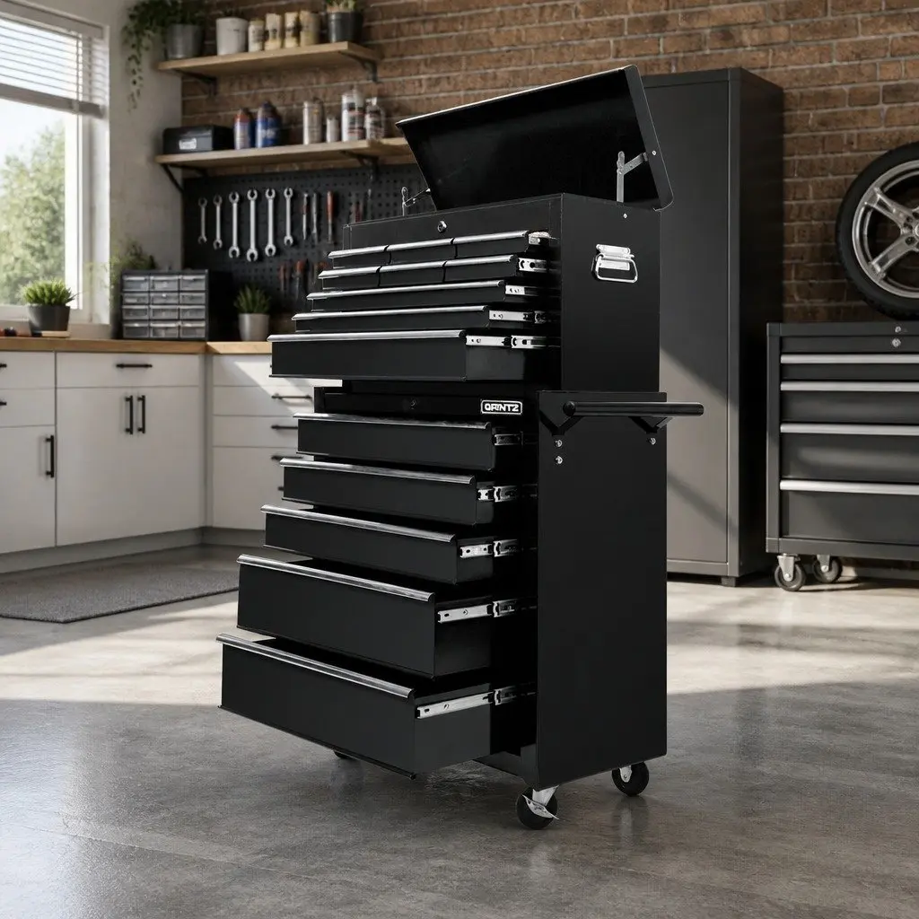 Tool Cabinet 14 Drawer Storage Chest Mechanic Garage Trolley Mobile Black Steel