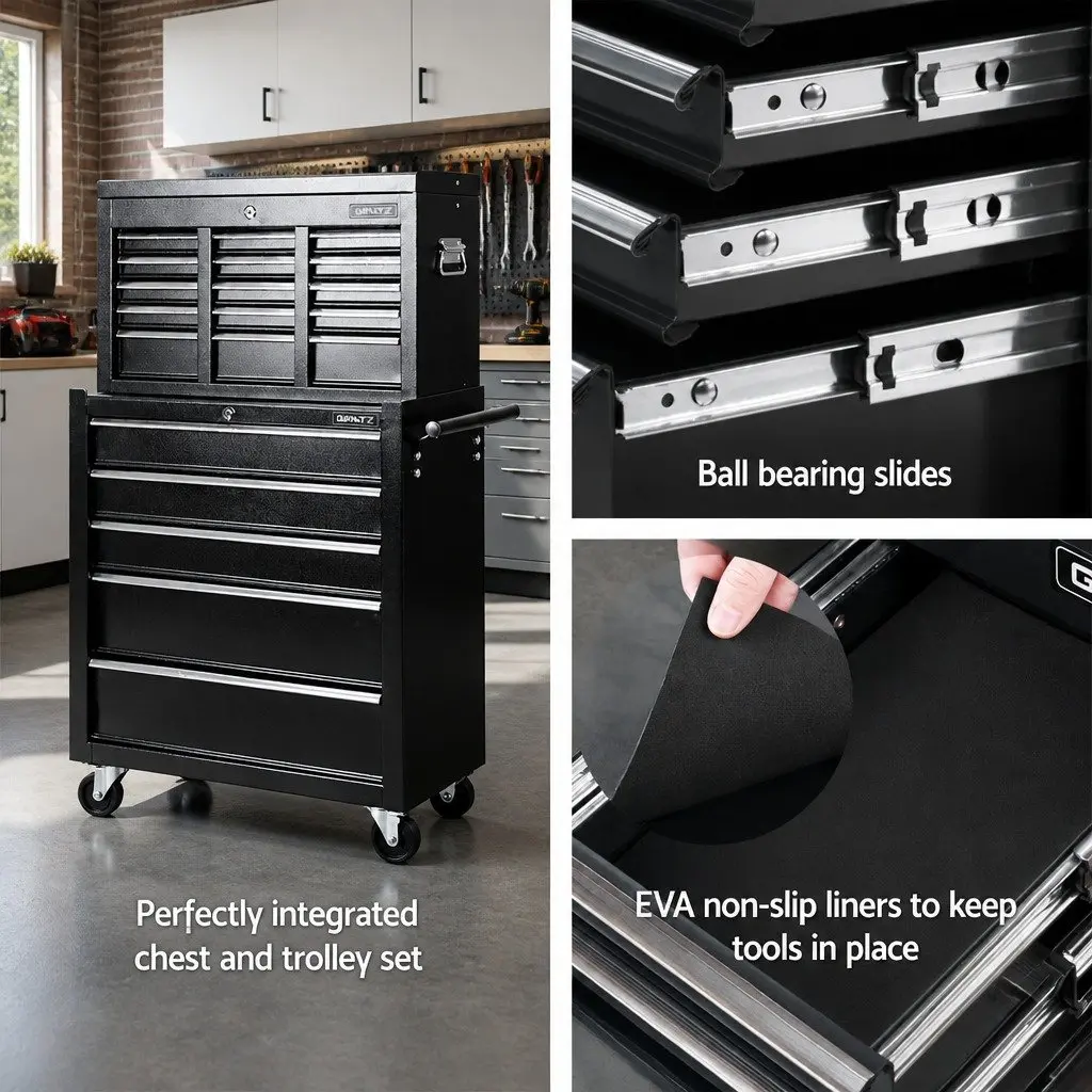 Tool Cabinet 14 Drawer Storage Chest Mechanic Garage Trolley Mobile Black Steel