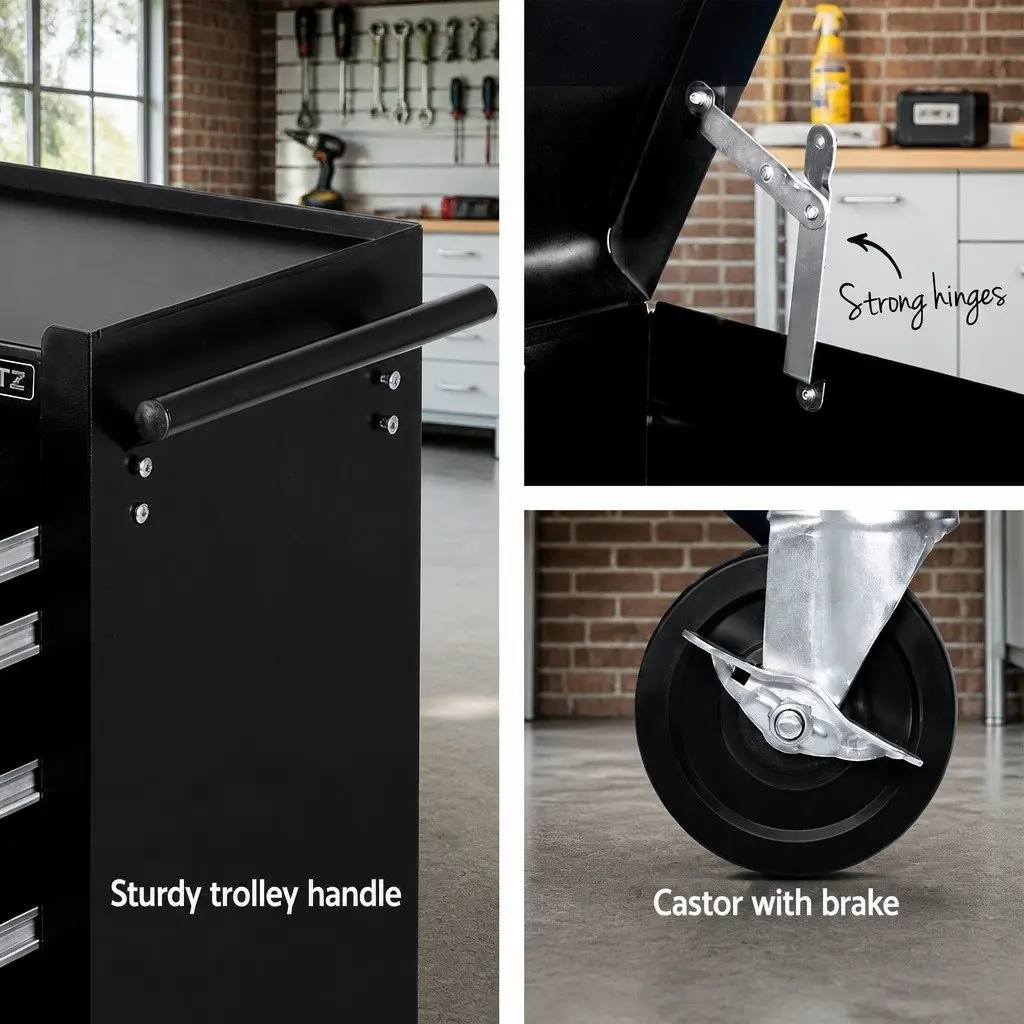 Tool Cabinet 14 Drawer Storage Chest Mechanic Garage Trolley Mobile Black Steel