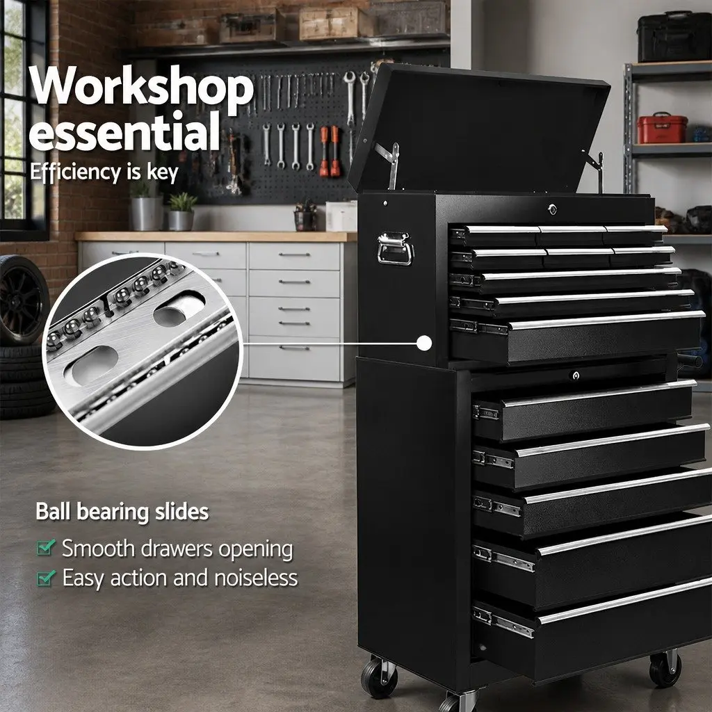 Tool Cabinet 14 Drawer Storage Chest Mechanic Garage Trolley Mobile Black Steel