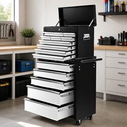 15 Drawer Tool Chest Trolley 2-in-1 Storage Cabinet Workshop Organizer Black