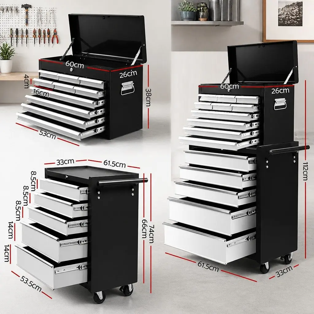 Tool Chest Trolley 15 Drawer Storage Cabinet Mobile Organizer Black