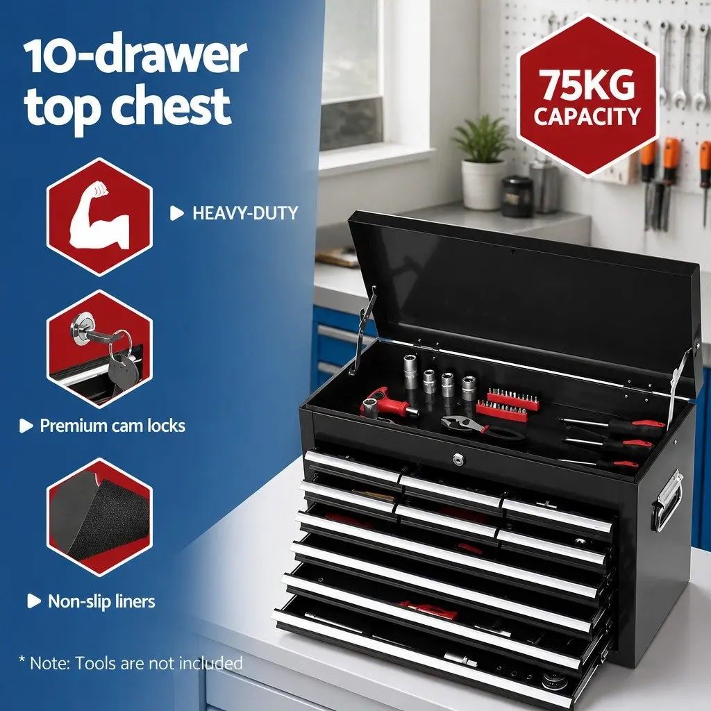 Tool Chest Trolley 15 Drawer 2-in-1 Storage Organiser Mobile Workshop Black