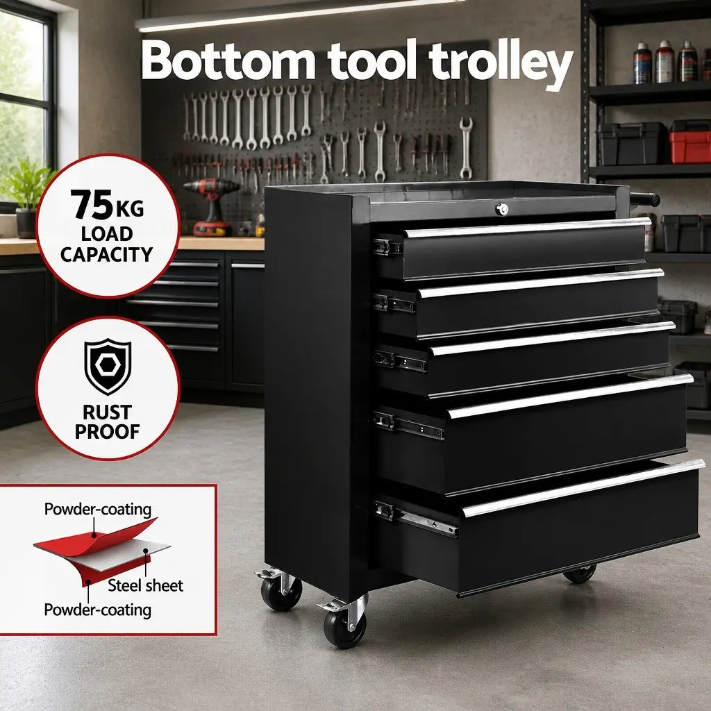 Tool Chest Trolley 15 Drawer 2-in-1 Storage Organiser Mobile Workshop Black