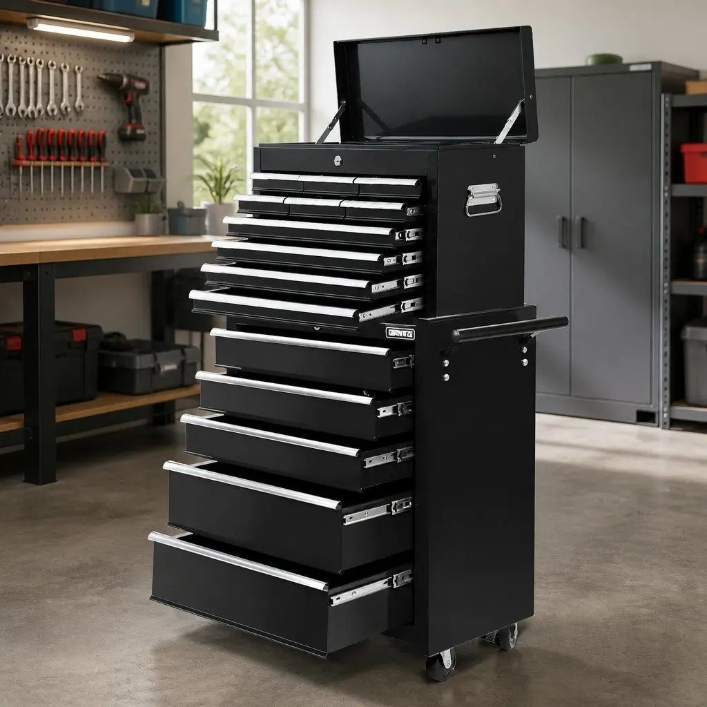 Tool Chest Trolley 15 Drawer 2-in-1 Storage Organiser Mobile Workshop Black