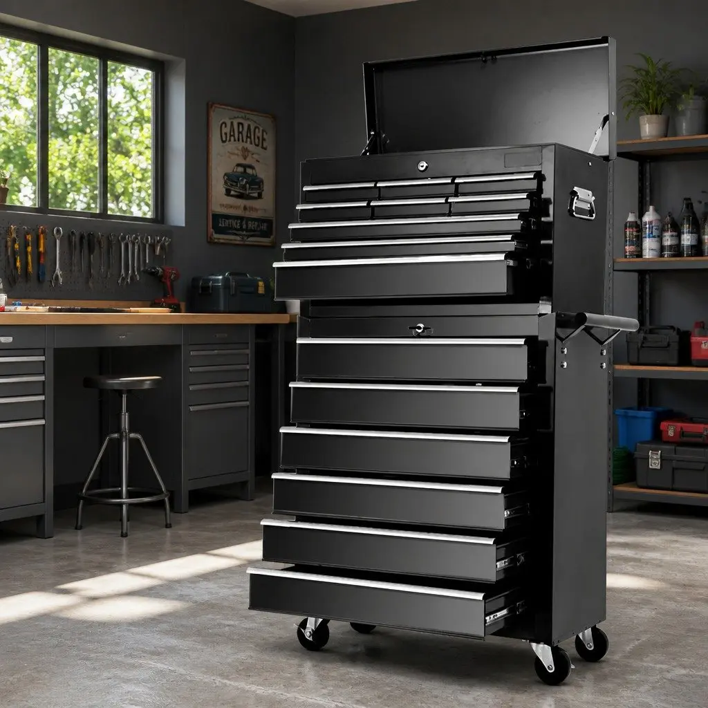 Tool Cabinet 15 Drawer Lockable Mobile Trolley Steel Black