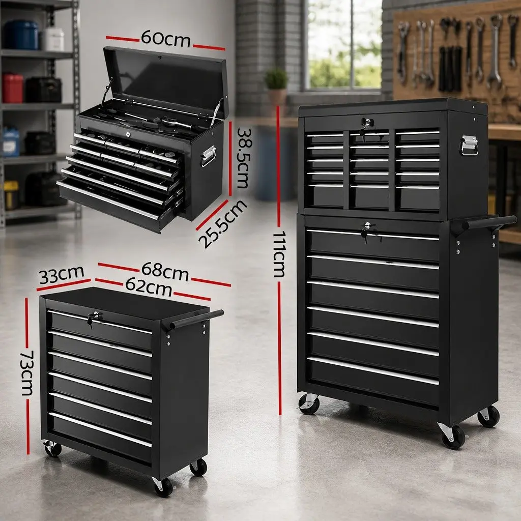 Tool Cabinet 15 Drawer Lockable Mobile Trolley Steel Black
