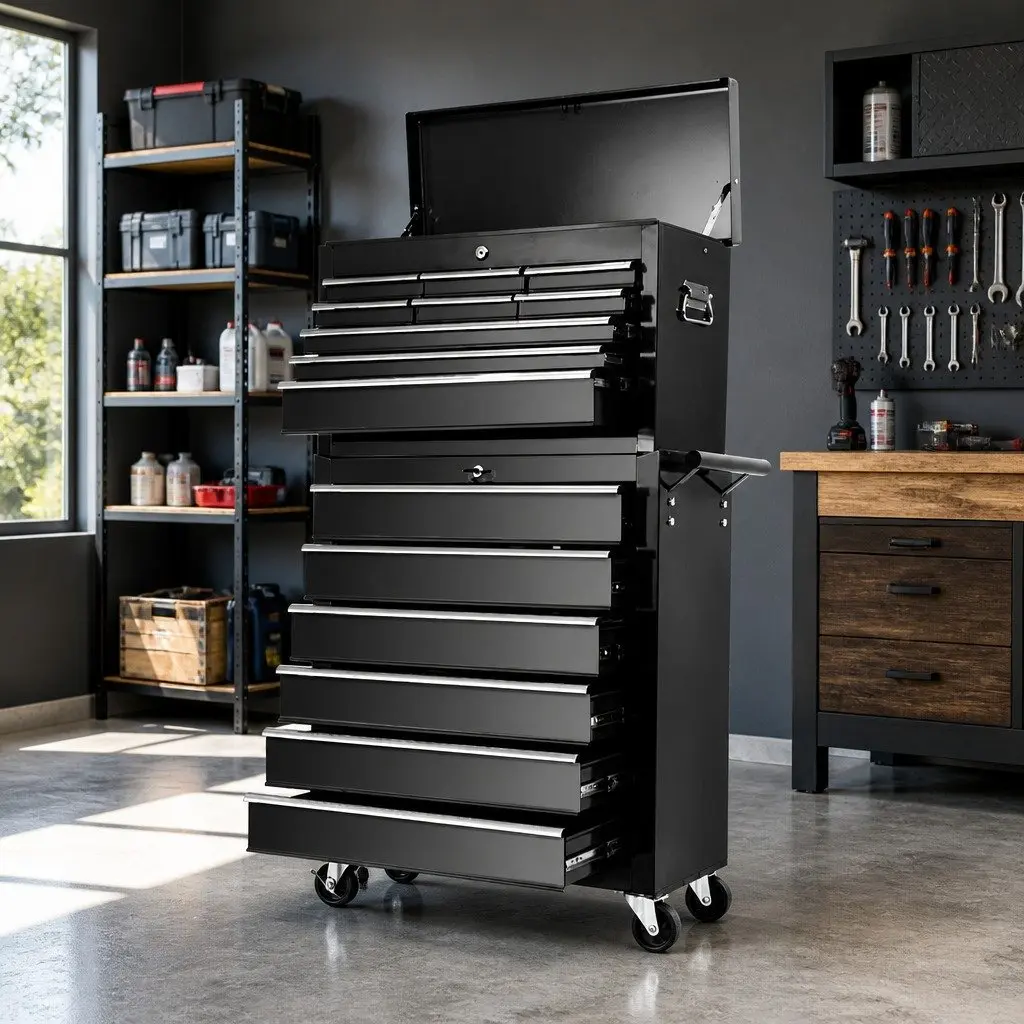 Tool Cabinet 15 Drawer Lockable Mobile Trolley Steel Black