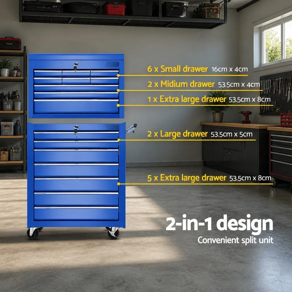 Tool Cabinet Trolley 16 Drawers Storage Cart Blue Steel