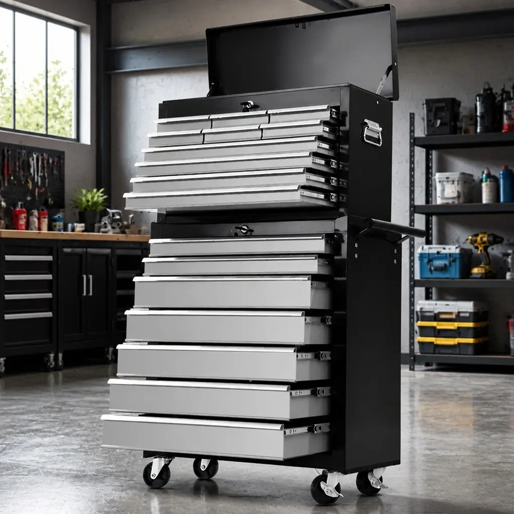 Tool Cabinet 17 Drawer Steel Storage Chest Trolley Lockable Black and Silver