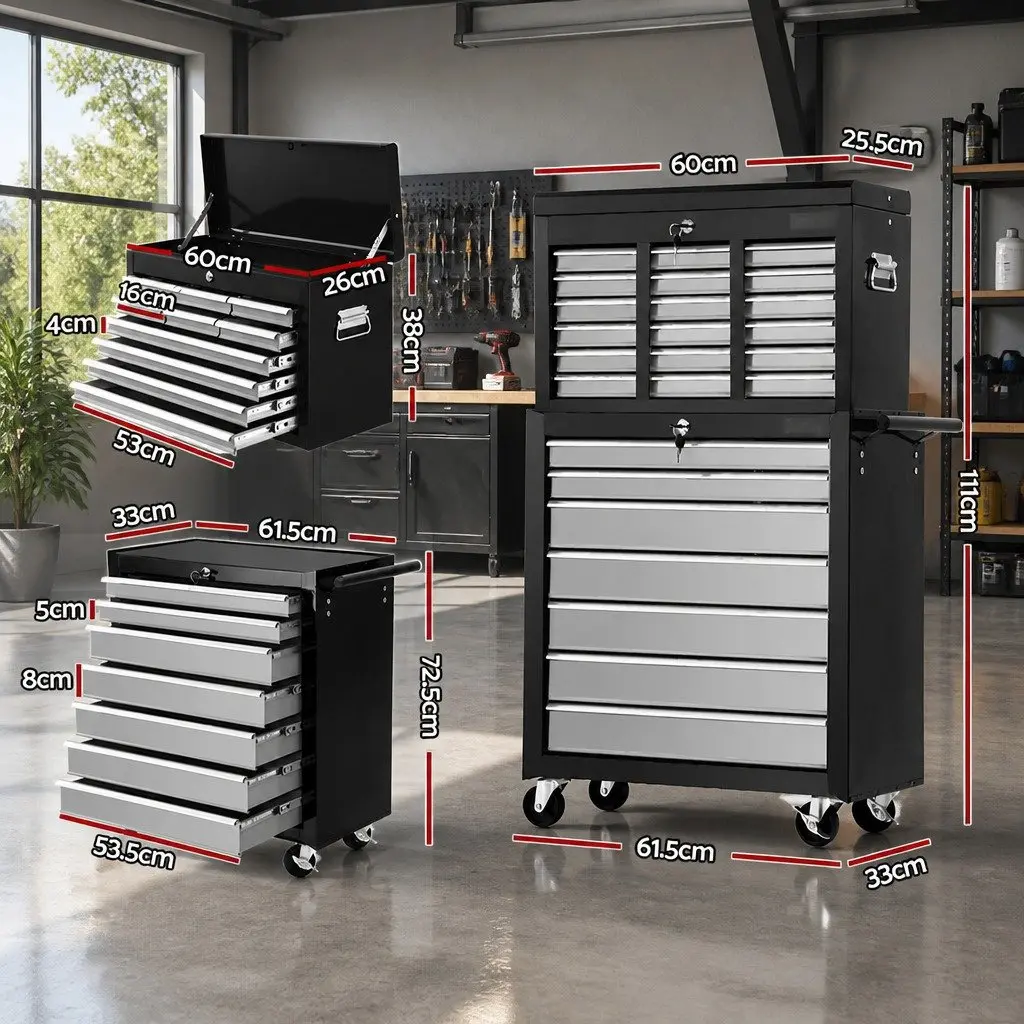 Tool Cabinet 17 Drawer Steel Storage Chest Trolley Lockable Black and Silver