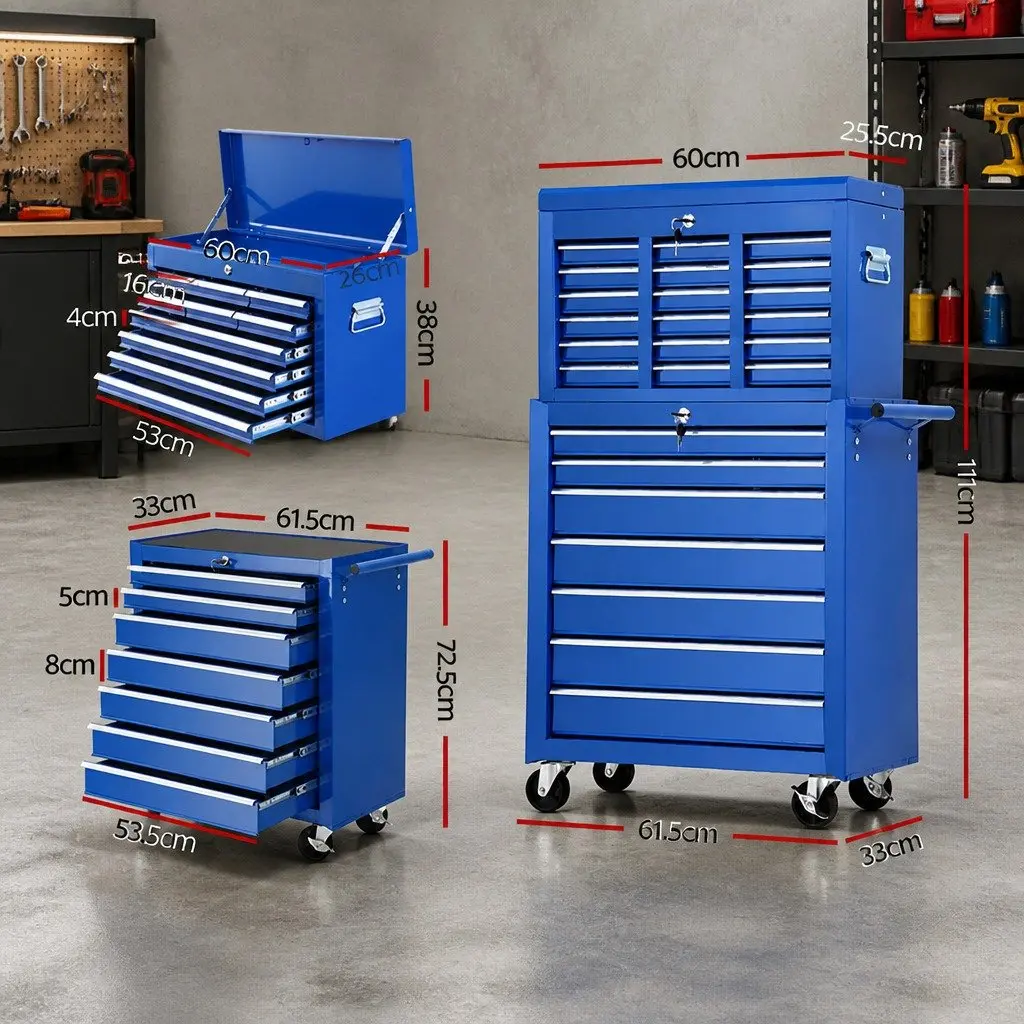17 Drawer Tool Box Cabinet Trolley Chest Garage Storage Blue Steel with Castors
