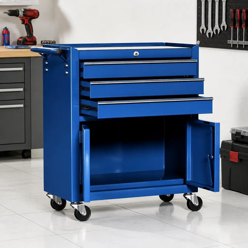 Tool Box Cabinet Chest Storage Organiser with Three Drawers and One Cabinet Blue