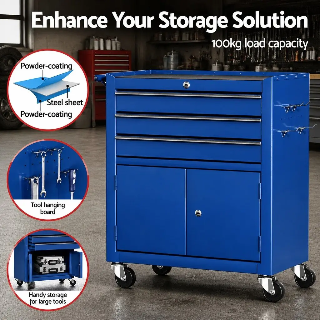 Tool Box Cabinet Chest Storage Organiser with Three Drawers and One Cabinet Blue