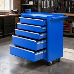 5 Drawer Tool Box Chest Trolley Cabinet Garage Workshop Storage Organiser Blue