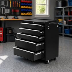 5 Drawer Tool Box Trolley Cabinet Chest Garage Storage Lockable Castors Black