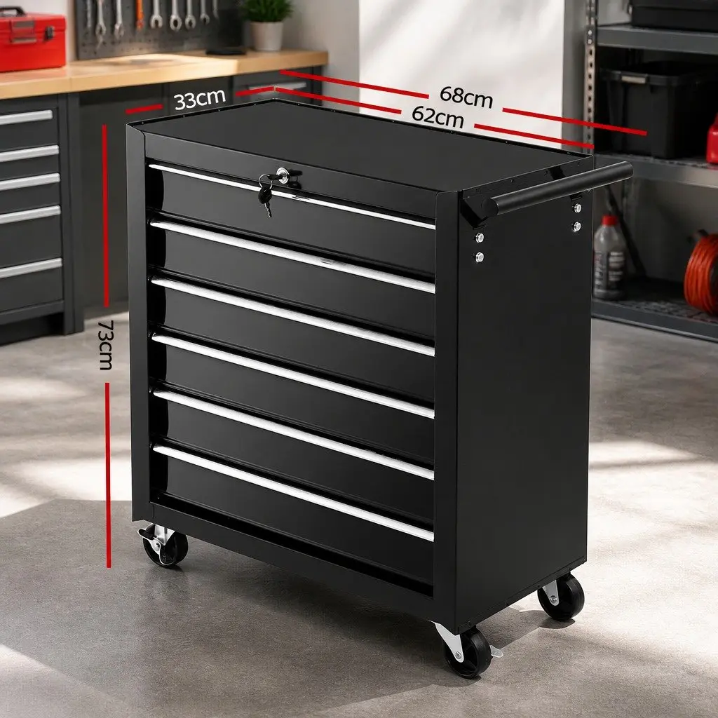 Tool Cabinet 6 Drawer Storage Trolley Cart Black Steel 360 Degree Wheels