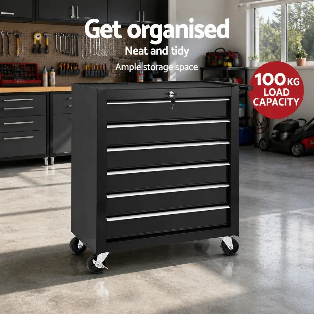 Tool Cabinet 6 Drawer Storage Trolley Cart Black Steel 360 Degree Wheels