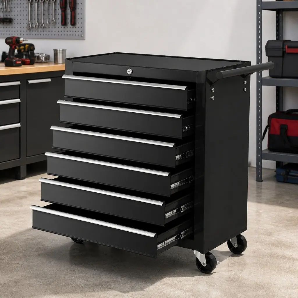 Tool Cabinet 6 Drawer Storage Trolley Cart Black Steel 360 Degree Wheels
