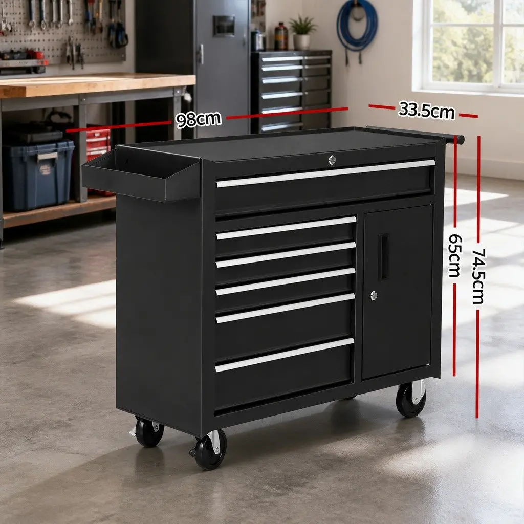 Tool Cabinet Storage Trolley Six Drawer Black Powder Coated Steel with Wheels