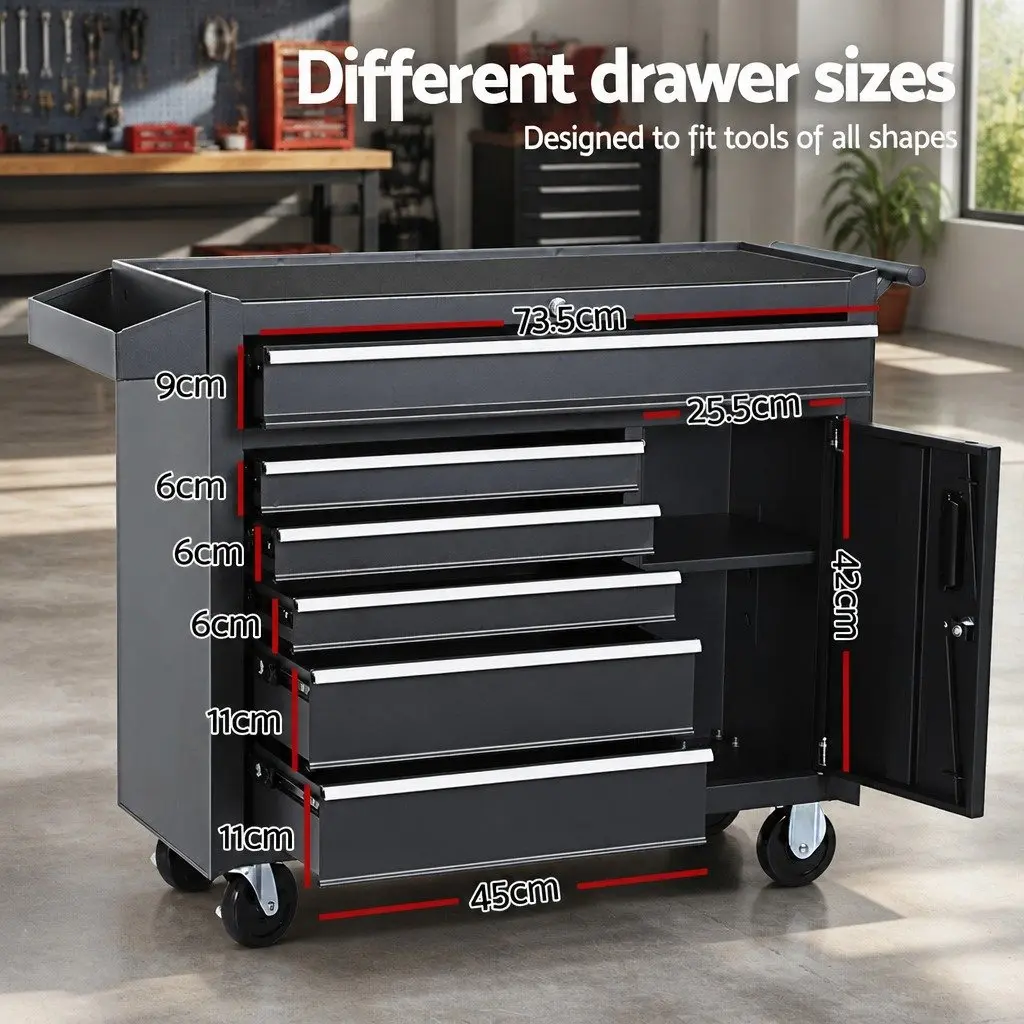Tool Cabinet Storage Trolley Six Drawer Black Powder Coated Steel with Wheels