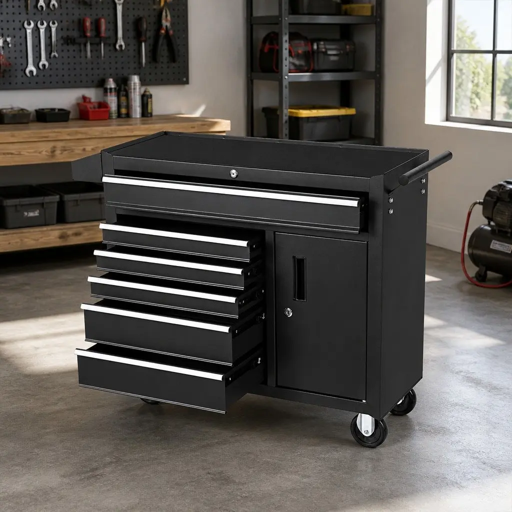 Tool Cabinet Storage Trolley Six Drawer Black Powder Coated Steel with Wheels