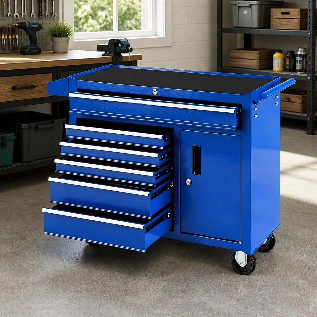 Tool Chest Trolley Storage Cabinet 6 Drawer Lockable Blue Powder-coated Steel