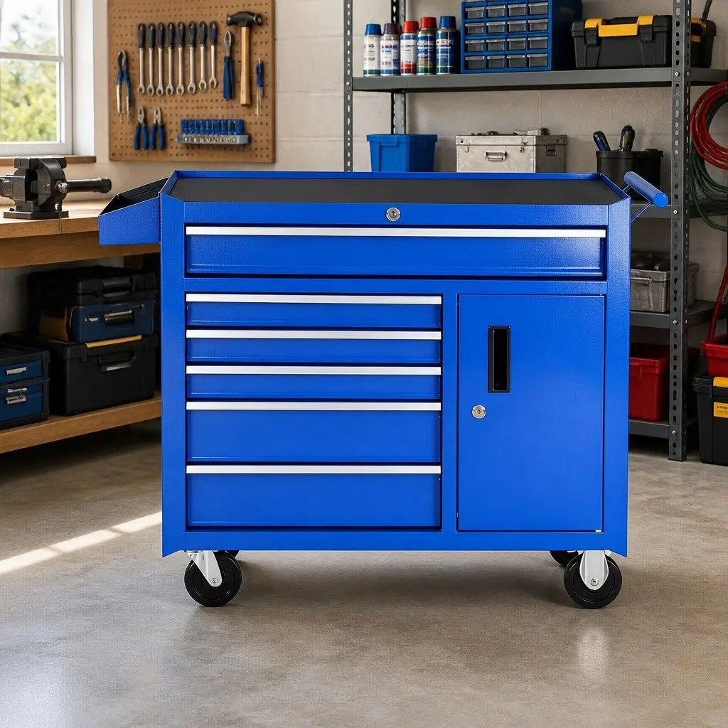 Tool Chest Trolley Storage Cabinet 6 Drawer Lockable Blue Powder-coated Steel