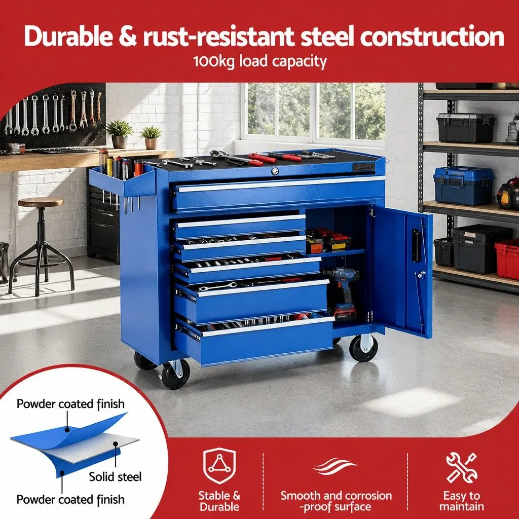 Tool Chest Trolley Storage Cabinet 6 Drawer Lockable Blue Powder-coated Steel