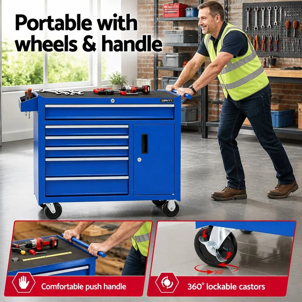 Tool Chest Trolley Storage Cabinet 6 Drawer Lockable Blue Powder-coated Steel