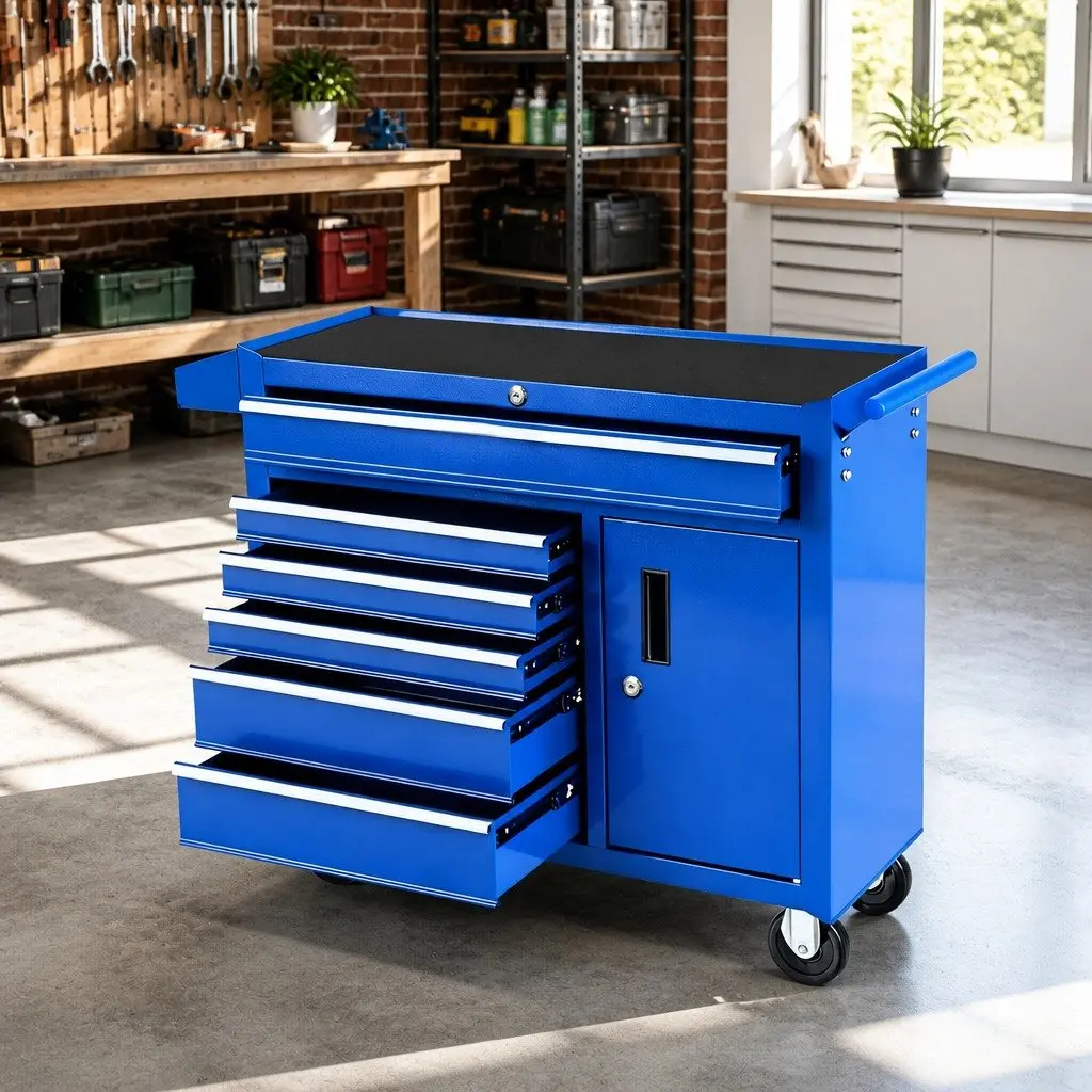 Tool Chest Trolley Storage Cabinet 6 Drawer Lockable Blue Powder-coated Steel