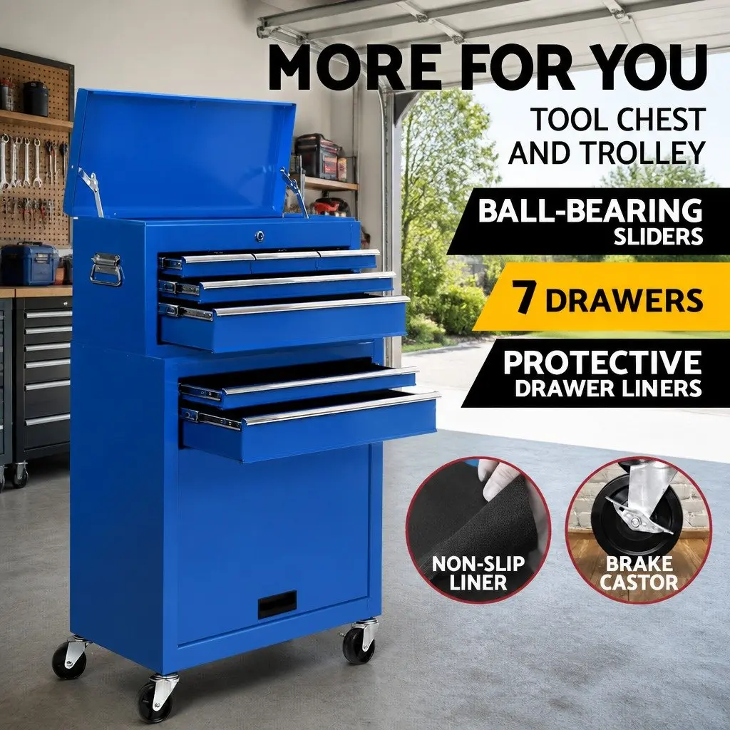 Tool Cabinet 7 Drawer Storage Trolley Blue Steel