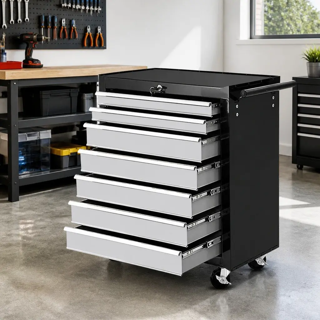 Tool Cabinet 7 Drawer Storage Trolley Steel Construction Black