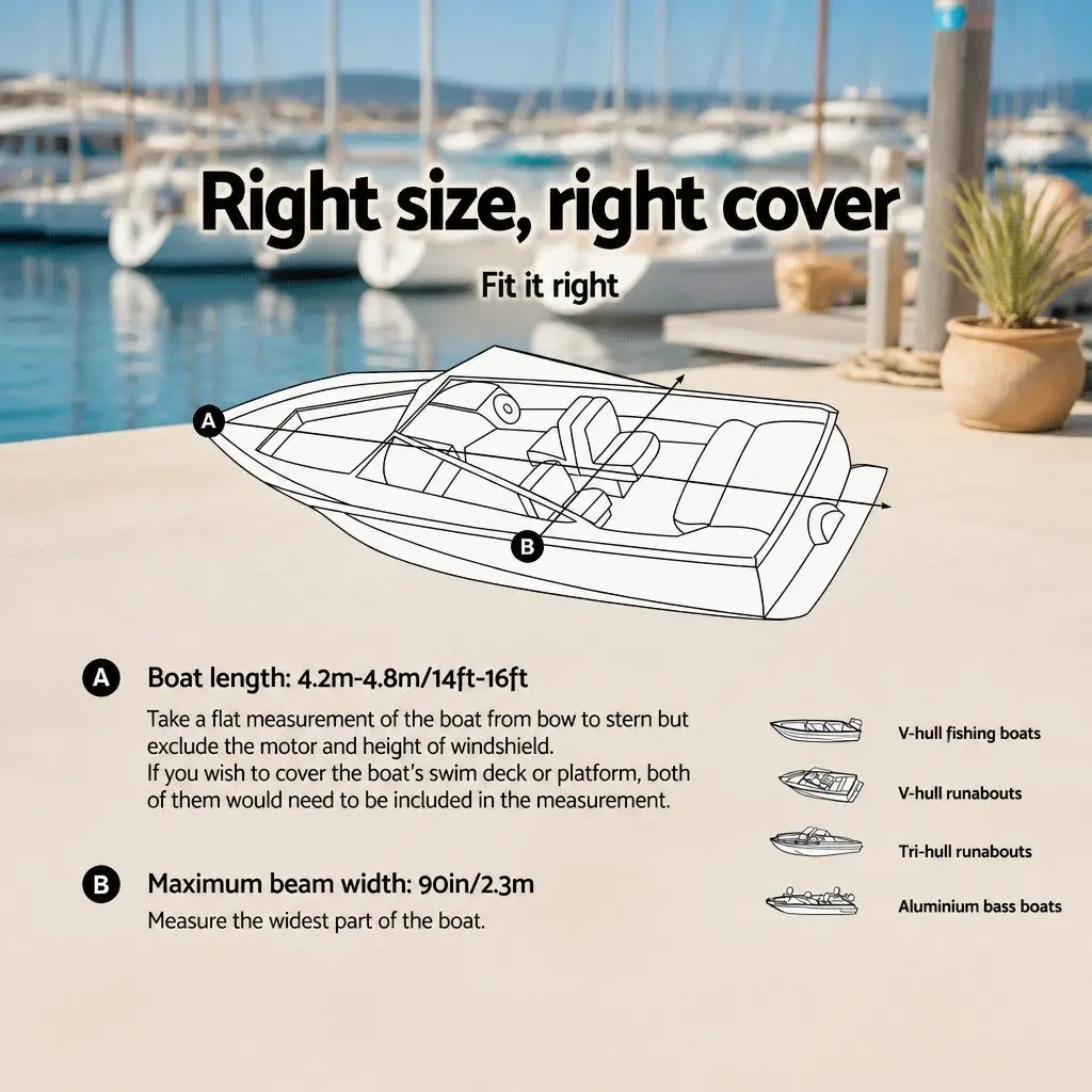 Boat Cover 14-16ft Marine Grade 600D Polyester UV Mildew Resistant Elastic Hem Double Stitched Seams Heavy Duty Loops Adjustable Straps