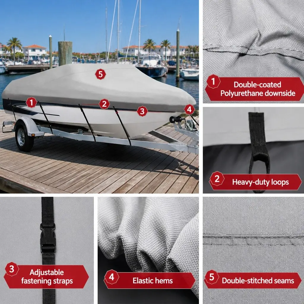 Boat Cover 14-16ft Marine Grade 600D Polyester UV Mildew Resistant Elastic Hem Double Stitched Seams Heavy Duty Loops Adjustable Straps
