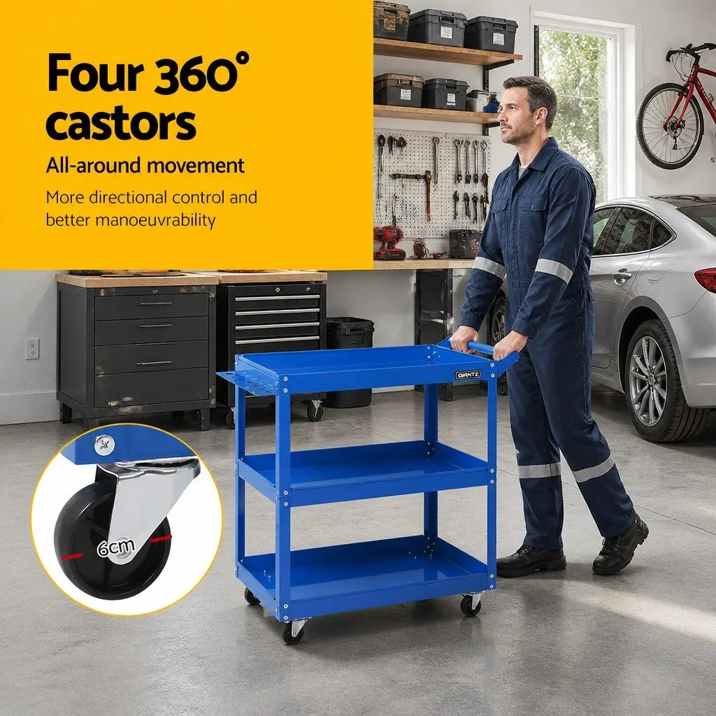 Tool Cart Trolley 3-Tier Heavy-Duty Steel Mobile Organizer Blue