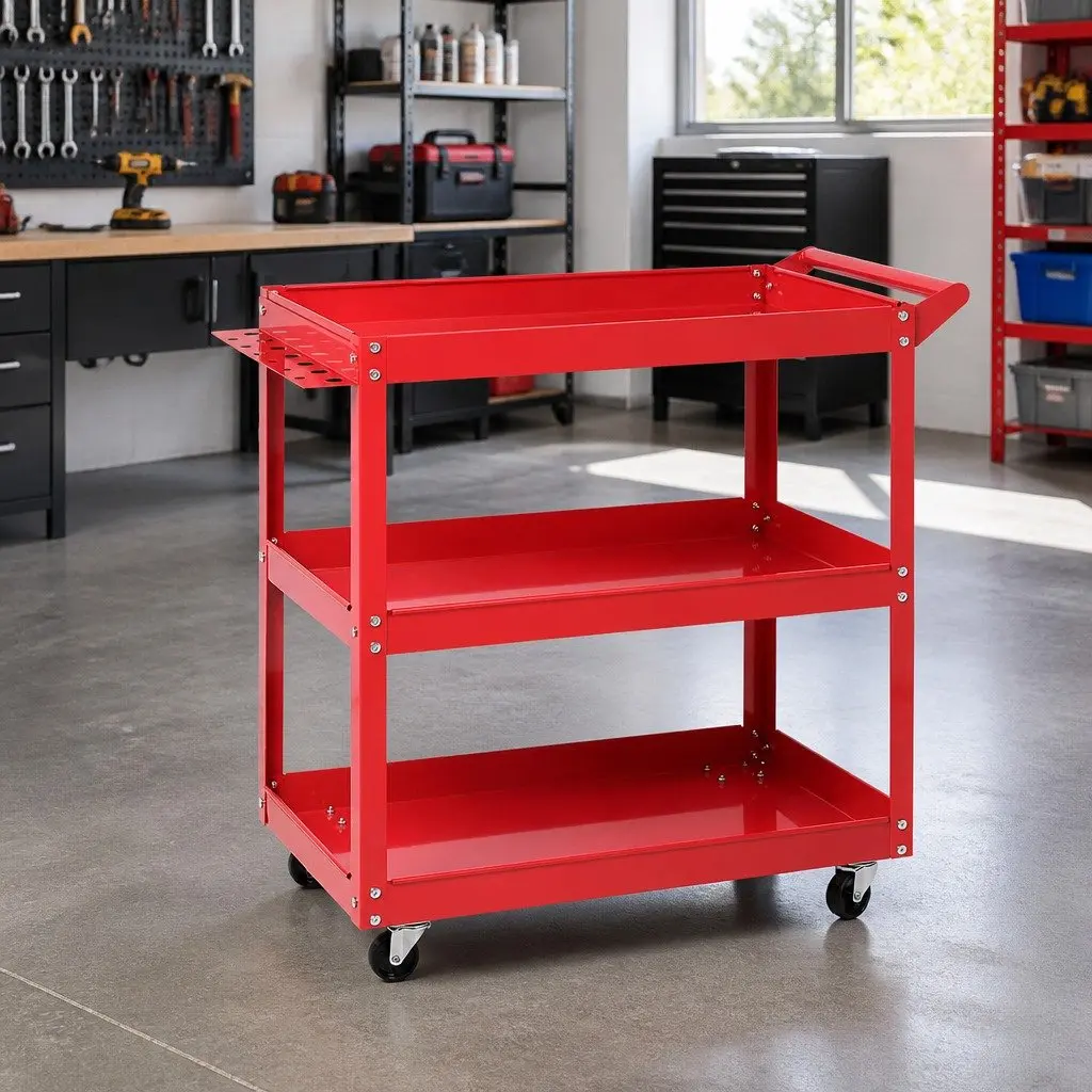 3-Tier Tool Cart Storage Organizer Heavy-Duty Steel Red Powder-Coated with Lockable Castors