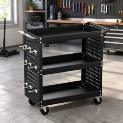 3-Tier Tool Cart Storage Trolley Workshop Garage Pegboard Hooks Casters Black