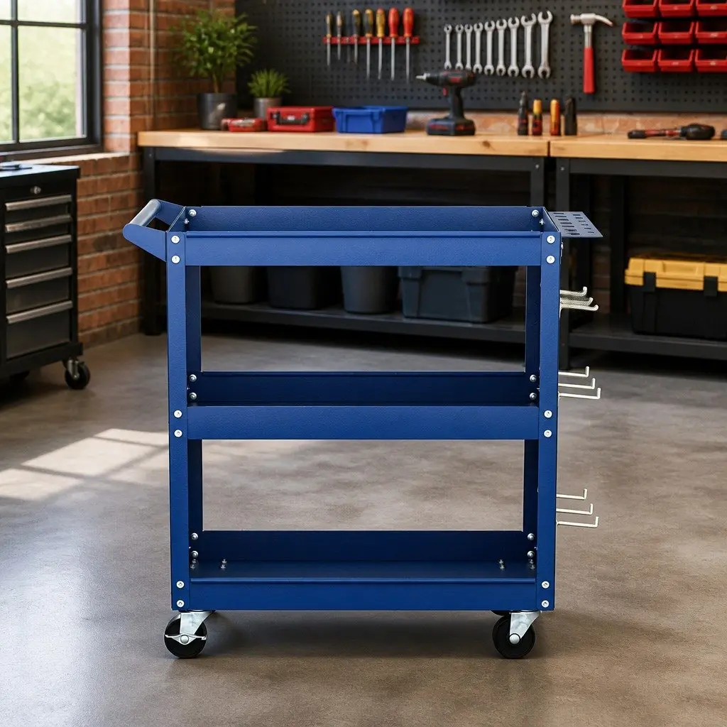 3-Tier Tool Cart Storage Trolley Pegboard Hanging System Blue Steel