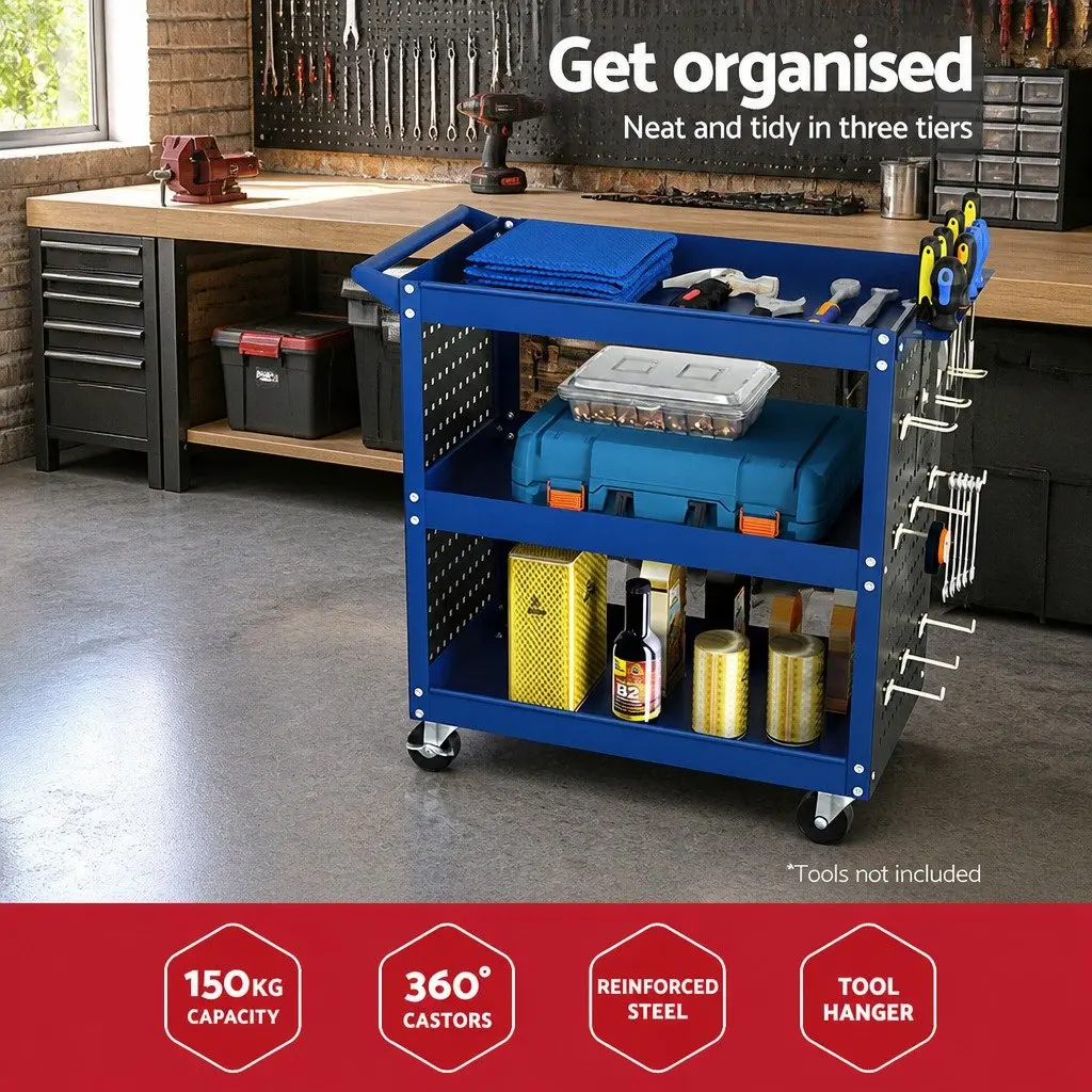 3-Tier Tool Cart Storage Trolley Pegboard Hanging System Blue Steel