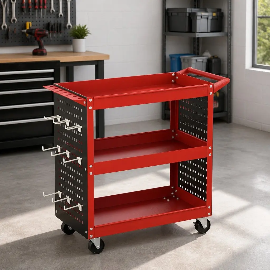 3-Tier Tool Cart Storage Trolley Pegboard System Red Steel Construction