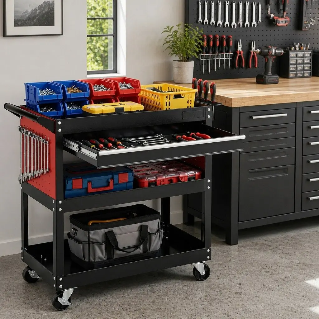 Tool Trolley Cart Rolling Cabinet with Drawers Steel Black and Red