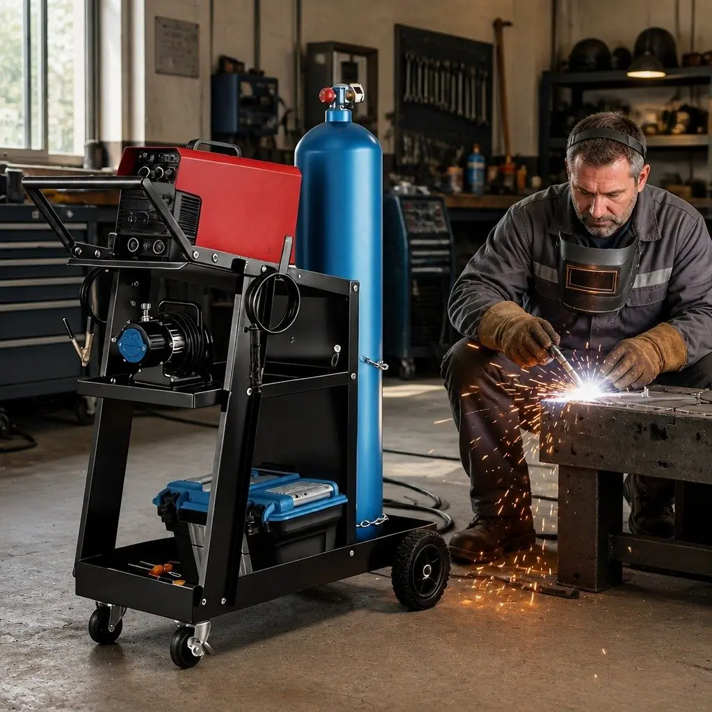 Welding Trolley Cart Heavy-Duty Steel Mobile Storage 100kg Capacity Black