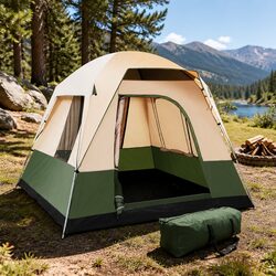 4 Person Camping Tent Hiking Beach Outdoor Family Shelter Green Polyester