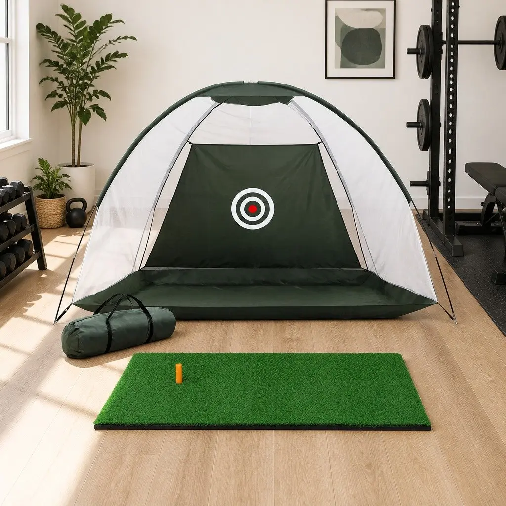 Golf Practice Net and Training Mat Set Indoor Outdoor Lightweight Portable Dark Green Green